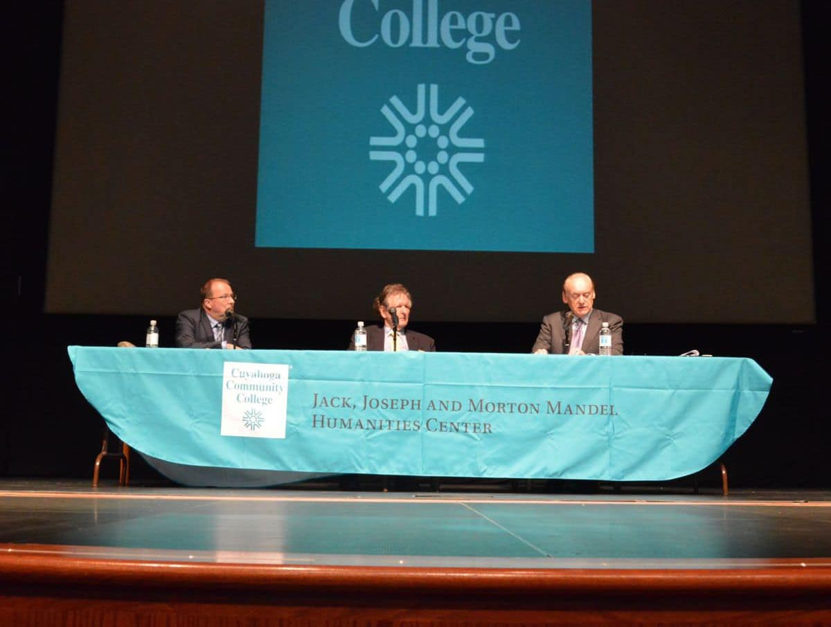 CJN Photo / Carlo Wolff Stefan Lode, from left, Christopher Rueckel and Lee Fisher discuss German Nazi trails at Cuyahoga Community College's eastern campus Aug. 24
