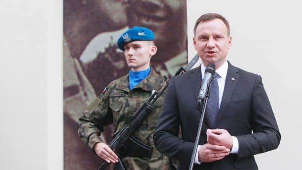 Poland's President Andrzej Duda speaks during commemorations marking the 70th anniversary of a massacre of Jews in Kielce, Poland, July 4, 2016.