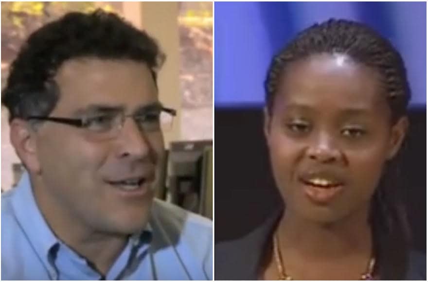 Facebook executive Elliot Schrage, left, and human rights activist Clemantine Wamariya (Screenshots from YouTube)